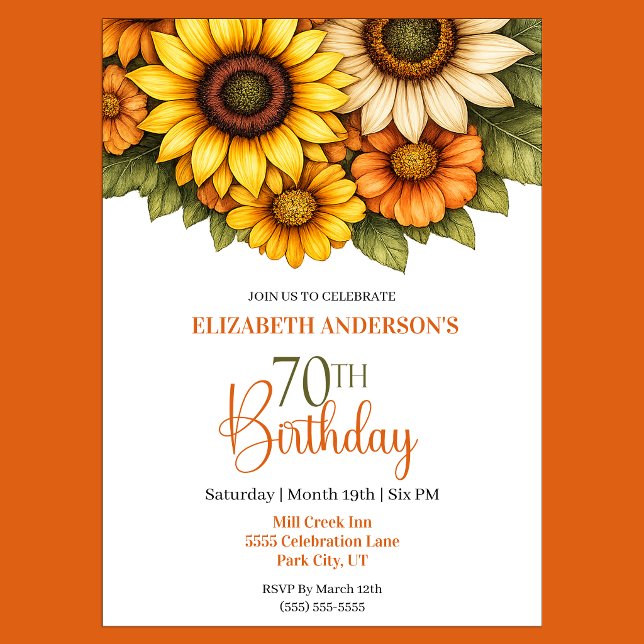 Vacker solros 70-årsdag inbjudningar (Pretty Sunflower 70th Birthday Invitation For Women.)