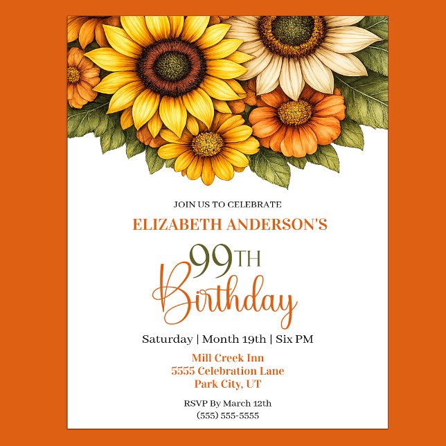 Vacker solros 99-årsdag inbjudningar (Pretty Sunflower 99th Birthday Invitation For Women.)