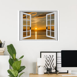 Vacker soluppgångskunstig fönsterutsikt poster