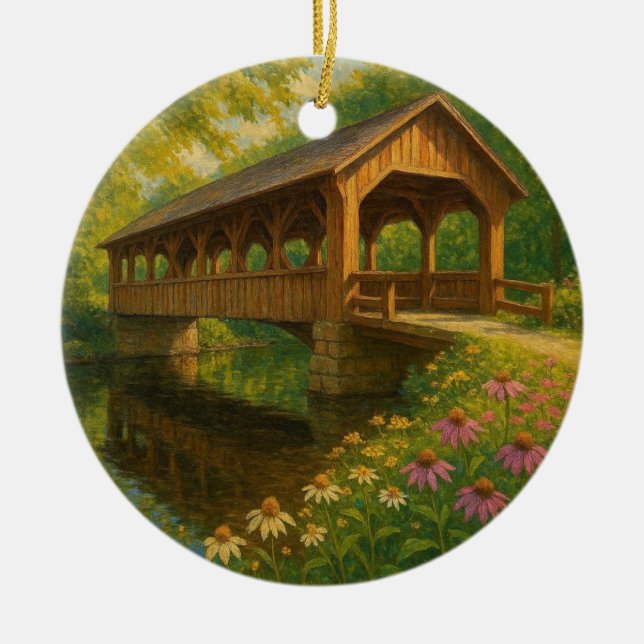 Vacker sommar täckt bro konst julgransprydnad keramik (Framsidan)
