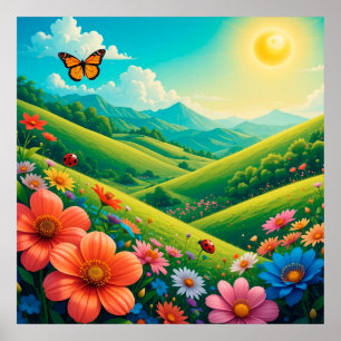 Vacker sommarlandskap med färgglada blommor poster