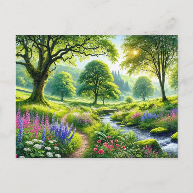 Vacker sommarlandskap med floder och blommor vykort (Framsida)