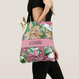 Vacker söt rosa och grön blomster monogram tygkasse