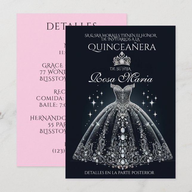 Vacker spansk Quinceañera Quince Inbjudningar (Fram/baksida)