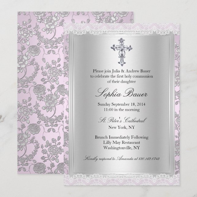 Vacker spets rosa första kommunion inbjudningar (Fram/baksida)