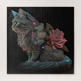 Vacker steampunk-katt med rosa blommor pussel