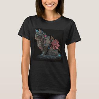 Vacker steampunk-katt med rosa blommor t shirt