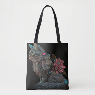 Vacker steampunk-katt med rosa blommor tygkasse