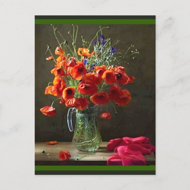 Vacker stilleben Kanna med röda blommor Vykort (Framsida)