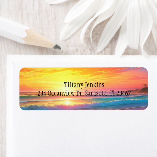 Vacker Sunset på Ocean Sandy Beach Returadress Etikett (Insitu)
