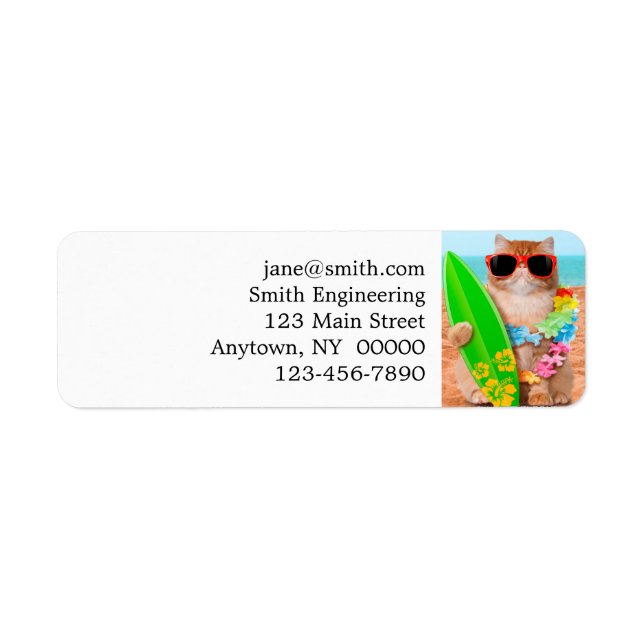 Vacker surfarkatt på stranden returadress etikett (Framsidan)