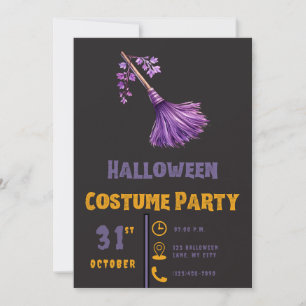Vacker Svart Halloween-kvast för häxor i lila Inbjudningar