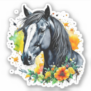 Vacker svart häst omgiven av gula blommor klistermärken