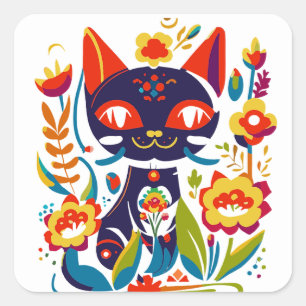 Vacker svart katt folkkonst blommig illustration fyrkantigt klistermärke