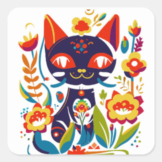 Vacker svart katt folkkonst blommig illustration fyrkantigt klistermärke