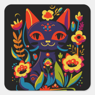 Vacker svart katt folkkonst blommig illustration fyrkantigt klistermärke