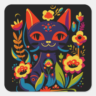 Vacker svart katt folkkonst blommig illustration fyrkantigt klistermärke