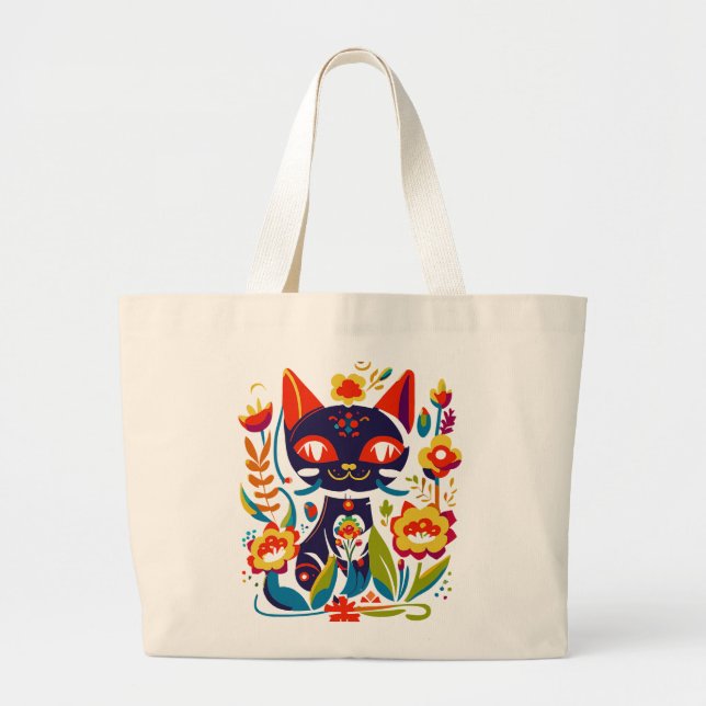 Vacker svart katt folkkonst blommig illustration jumbo tygkasse (Framsidan)