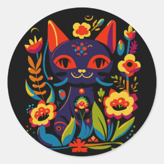 Vacker svart katt folkkonst blommig illustration runt klistermärke