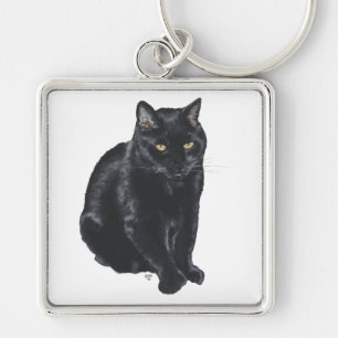 Vacker svart katt fyrkantig silverfärgad nyckelring