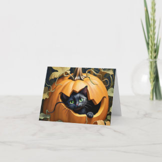 Vacker svart katt i pumpa kort