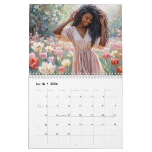 Vacker svart kvinnlig blomsterkonstkalender kalender
