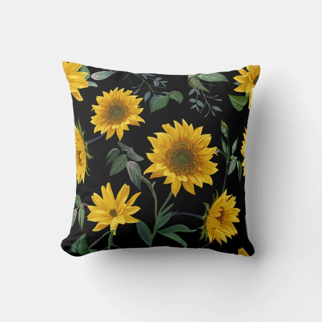 Vacker svart och gul solrosblomma kudde (Framsida)