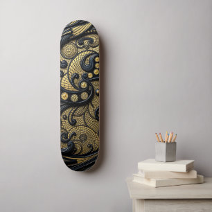 Vacker svart och guld blommig och pärlor abstrakt mini skateboard bräda 18,5 cm