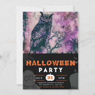 Vacker svart och lila uggla svart Halloween Inbjudningar