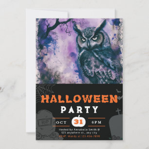 Vacker svart och lila uggla svart Halloween Inbjudningar