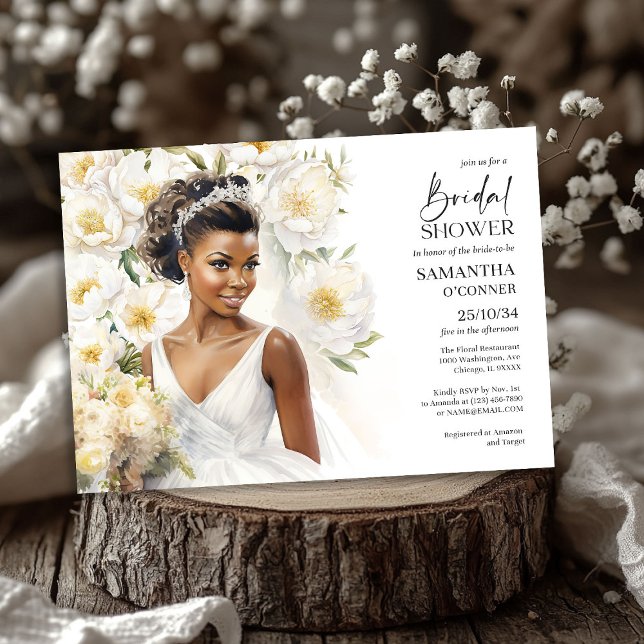 Vacker svart skal med bröllop gown boho inbjudningar (Beautiful black skin bride with wedding gown boho invitation)