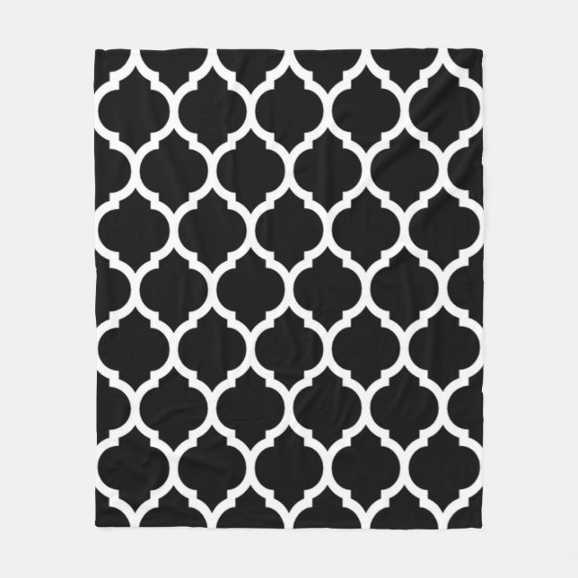 Vacker svart vit marockansk quatrefoil-mönster fleecefilt (Framsidan)