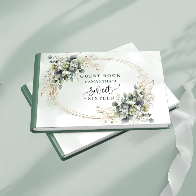 Vacker Sweet 16 dammig grön akvarellbladverk   Gästböcker (Lovely Sweet 16 dusty green watercolor foliage guest book)