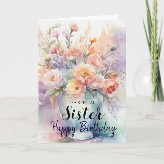 Vacker syster glad blomster i vas födelsedag kort (Framsida)