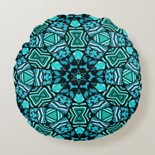 Vacker Teal Aqua Turquise Ethnic Mosaic Art Rund Kudde