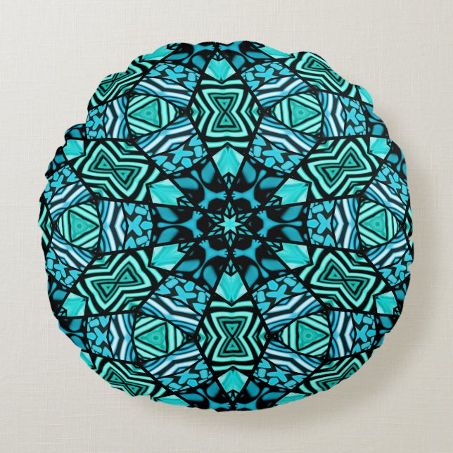 Vacker Teal Aqua Turquise Ethnic Mosaic Art Rund Kudde (Framsidan)