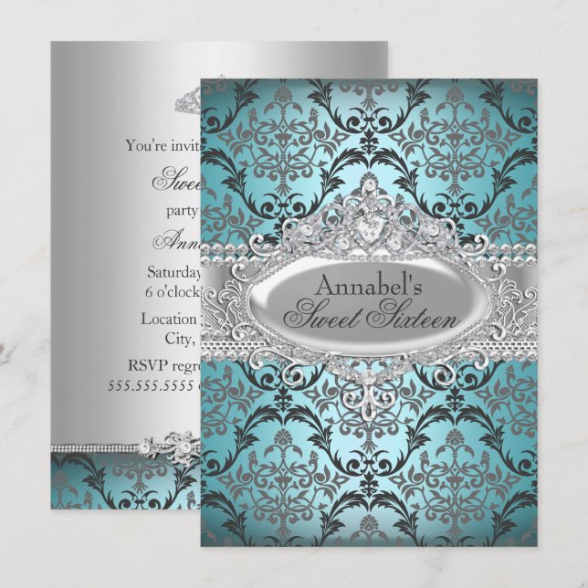 Vacker Teal & Silver Damask Sweet 16-inbjudan Inbjudningar (Fram/baksida)