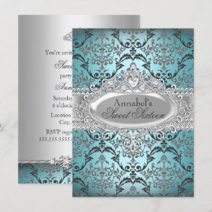 Vacker Teal & Silver Damask Sweet 16-inbjudan Inbjudningar