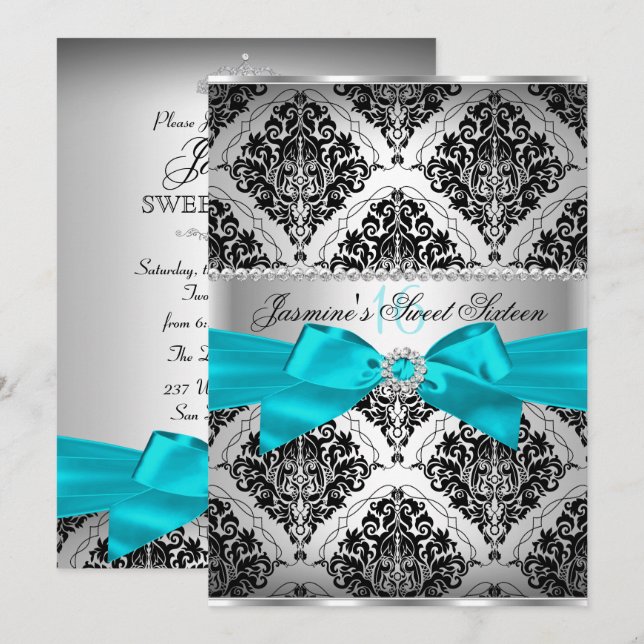 Vacker Teal & Svart Damask Sweet 16-inbjudan Inbjudningar (Fram/baksida)