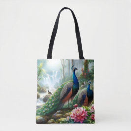 Vacker tealblå påfågel med blommor tote tygkasse