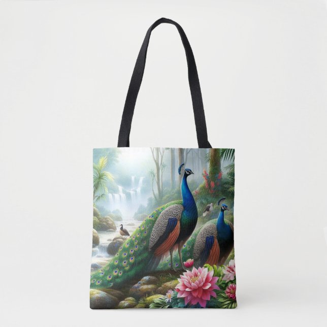Vacker tealblå påfågel med blommor tote tygkasse (Framsida)