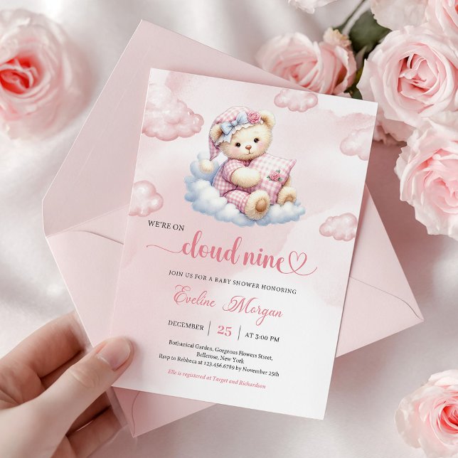 Vacker Teddybjörn Baby Shower Inbjudan Cloud 9 (Precious Teddy Bear Baby Shower Invite Cloud 9)