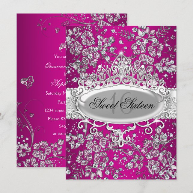 Vacker Tiara Glitter Blommor Rosa Sweet 16 fest Inbjudningar (Fram/baksida)