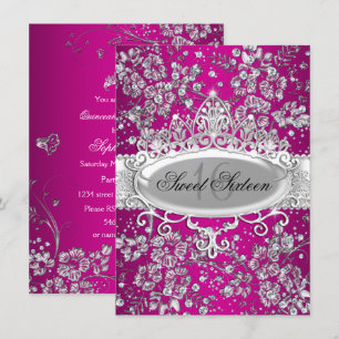 Vacker Tiara Glitter Blommor Rosa Sweet 16 fest Inbjudningar