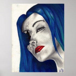 Vacker trasig fantasy goth tjej blå hår konst poster