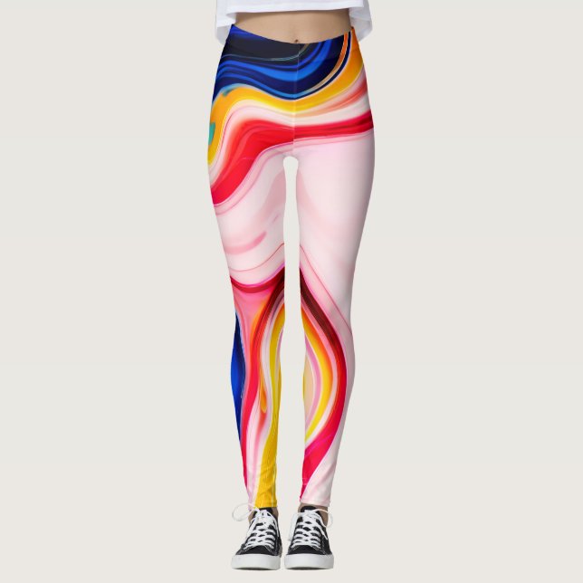 Vacker trendig blå rosa gul vit falsk marmor leggings (Framsida)