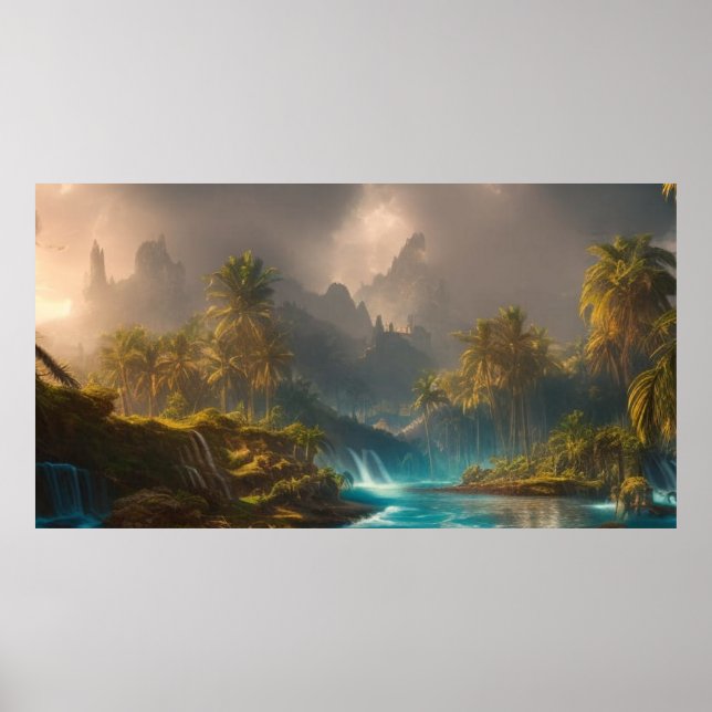 Vacker Tropical Jungle handflatan träd och River 1 Poster (Framsidan)