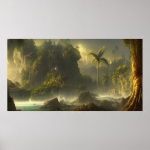 Vacker Tropical Jungle handflatan träd och River 2 Poster