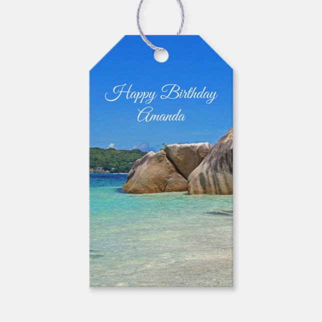 Vacker Tropical Sea Rocky Kusten Presentetikett (Framsidan)