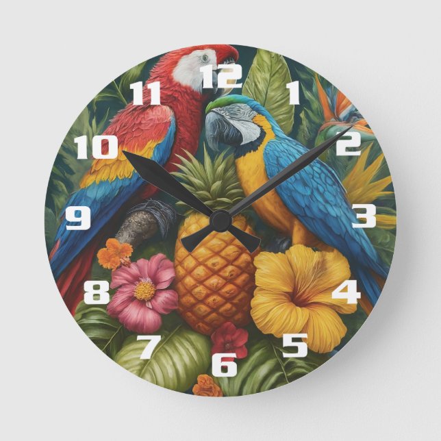 Vacker tropisk Ananas Papegoja och blommor Rund Klocka (Framsida)